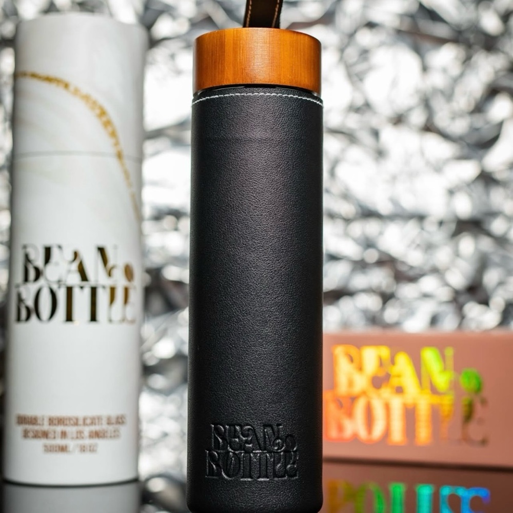 Black Leather Bean Bottle Double Wall Insulated Hot and Cold Drinks